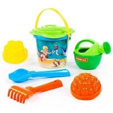 Полесье Песочный набор  №228  ведро с наклейкой,ситечко-цветок,совок,грабельки,2 формочки,лейка
